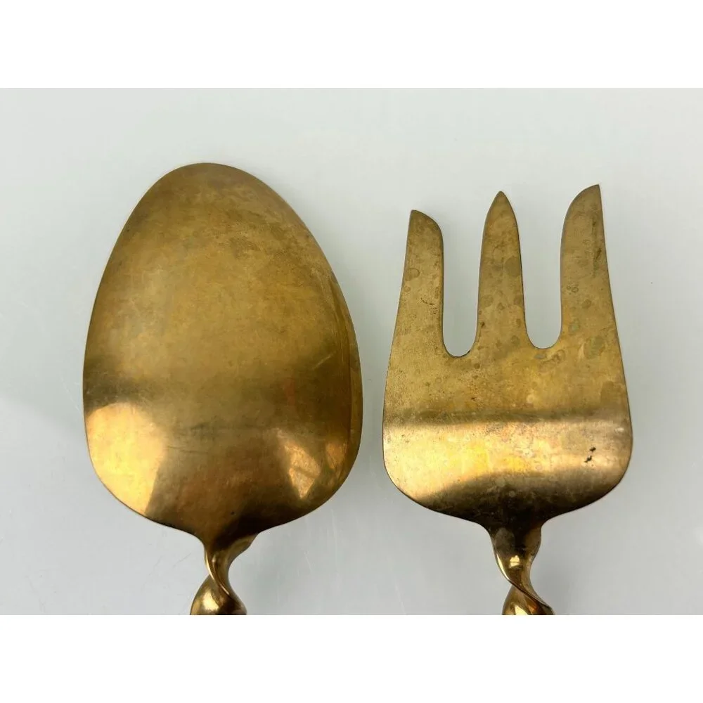 MCM Siam Gold Tone Serving Fork & Spoon Wood Handle Twist Buddha Unique Vintage